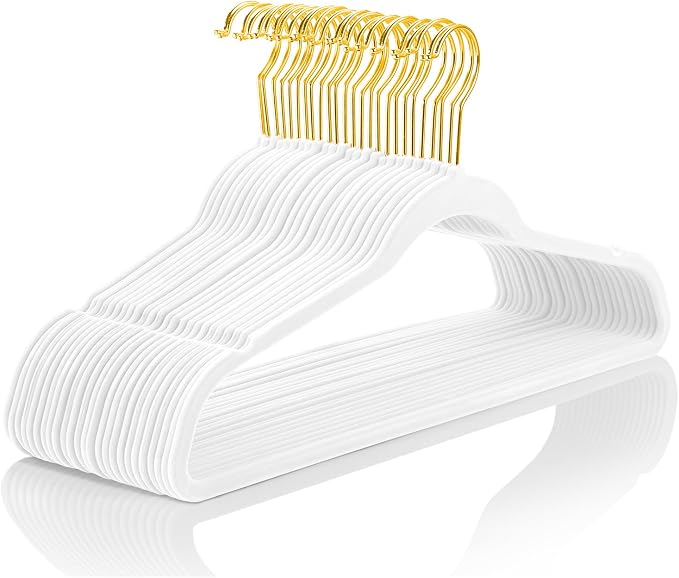 MIZGI Premium Velvet Hangers Pack 30 Pcs Heavyduty - Non Slip Slimline - Velvet Suit Hangers White - Gold Hooks,Space Saving Clothes Hangers