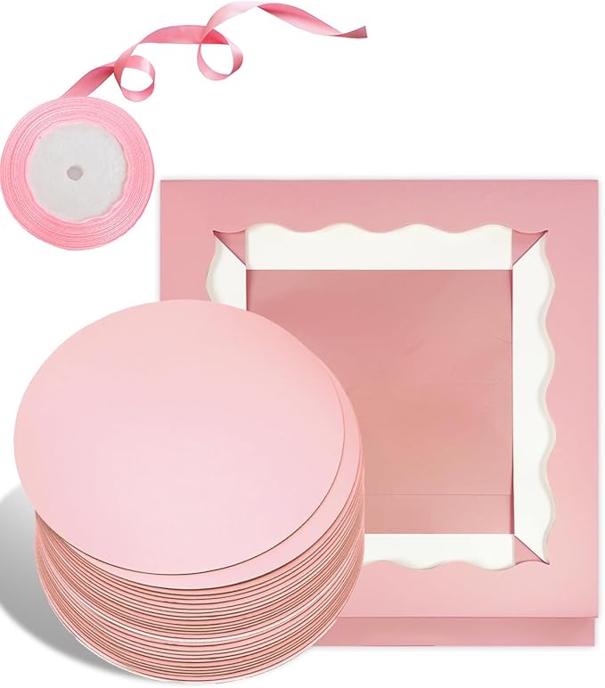 qiqee Pink 10x10x8 Cake Box, 18 Sets Cake Box with Window ＆ 18 Sets 10" Cake Round Boards, 10inch Cake Containers, 10 Meters Pink Silk Ribbon Includes