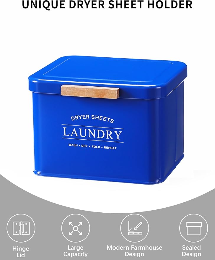 Dryer Sheet Holder with Hinged Lid for Laundry Room Organization, Metal Farmhouse Dryer Sheet Container, Laundry Room Decor and Accessories (Dark Blue)