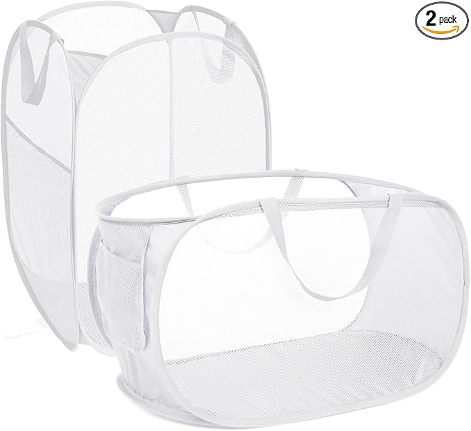 2 Pcs Durable Collapsible Laundry Baskets - Reinforced Mesh Pop Up Laundry Hamper with Pocket, Foldable Dirty Clothes Hamper with Carry Handles for Laundry, Bathroom, Kids Room, Dorm or Travel White