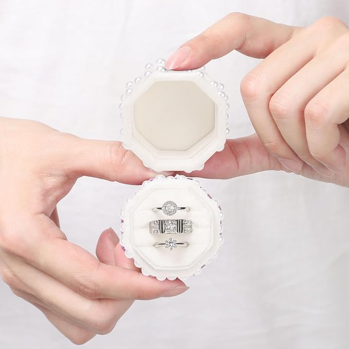 WantGor Velvet Ring Box, 3 Slots Jewelry Ring Gift Box Vintage Ring Holder | Ring Display Case for Wedding Ceremony Proposal Engagement (White Pearl)