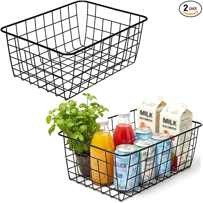 Kitchen Wire Baskets Farmhouse Decor Metal Food Storage Organizer, Household Refrigerator Bin with Built-in Handles for Cabinets,Pantry Set of 2 Black
