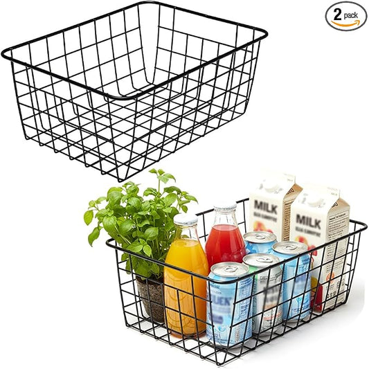 Kitchen Wire Baskets Farmhouse Decor Metal Food Storage Organizer, Household Refrigerator Bin with Built-in Handles for Cabinets,Pantry Set of 2 Black