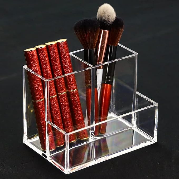 Acrylic Makeup Organizer Cosmetic Storage Makeup Display Case Makeup Brush Holder Lipstick Dispenser Canister Bathroom Container (5.1 x 3.5 x 3.9 in, 3 Partitions, Transparent)