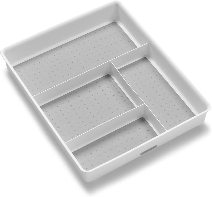 madesmart 4 Compartment Drawer Organizer, Multi Purpose Storage for Utensils, Office Tools, Cords, & Small Household Items, Tech Accessories, Arts & Crafts Supplies, Non Slip Lining, White