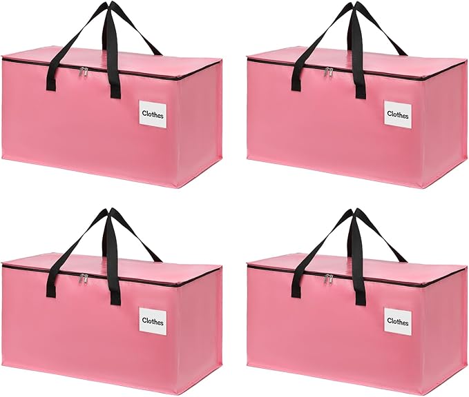 4 Pack Extra Large Heavy Duty Moving Bags with Reinforced Zipper & Wide Carry Handles, Stylish Pink Storage Totes for Clothes Packing, Dorm Moves & Apartment Organization, Pink