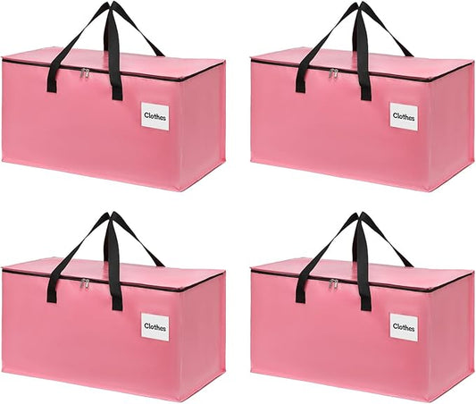 4 Pack Extra Large Heavy Duty Moving Bags with Reinforced Zipper & Wide Carry Handles, Stylish Pink Storage Totes for Clothes Packing, Dorm Moves & Apartment Organization, Pink