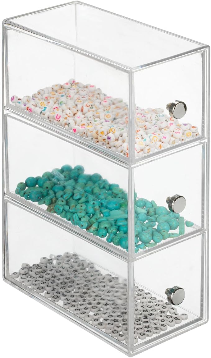 mDesign Plastic Kitchen Pantry Stackable Storage Organizer Container Station with 3 Drawers for Cabinet, Countertop, Holds Coffee, Tea, Sugar Packets, Creamers - Lumiere Collection - Clear