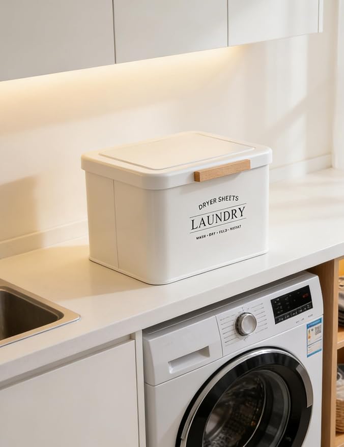 Dryer Sheet Holder with Hinged Lid for Laundry Room Organization, Metal Farmhouse Dryer Sheet Container, Laundry Room Decor and Accessories (Cream)