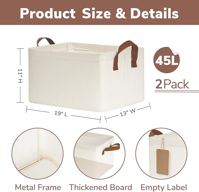 CHICVITA Storage Baskets for Shelves, 19" x 13" x 11" Closet Storage Bins with Handles, Foldable Fabric Bins with Metal Frame, Extra Large Storage Basket for Toys, Blankets, Beige, 2-Pack