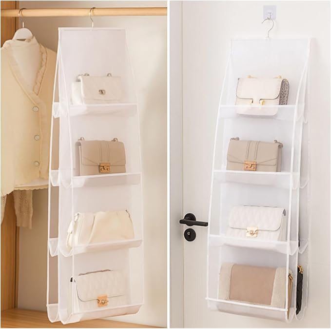 MURRI&MURRDI Hanging Handbag Organizer for Closet, Purse Storage Hanger with 8 Easy Access Clear Pockets, Womens Tote Bag Pocketbook Holder for Door Wall Wardrobe, Space Saving Organization, White