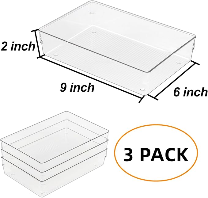 Clear Drawer Organizer Bins Set, Transparent Rectangle Trays, Dresser Bathroom Makeup Vanity Organization and Storage Bins Office Desk Drawer Dividers Organizers (3pc - 9×6×2")