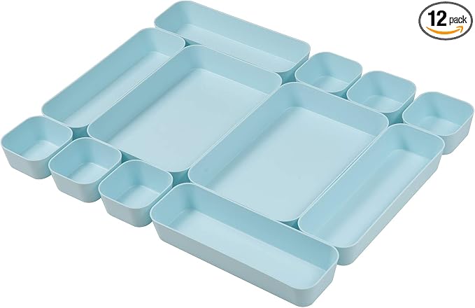 Set Of 12 Blue Color Plastic Desk Drawer Organizers For Makeup Bathroom Office Kitchen Vanity Drawer Storage Box Container