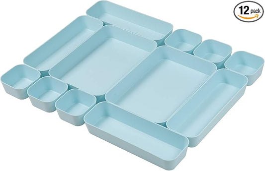 Set Of 12 Blue Color Plastic Desk Drawer Organizers For Makeup Bathroom Office Kitchen Vanity Drawer Storage Box Container
