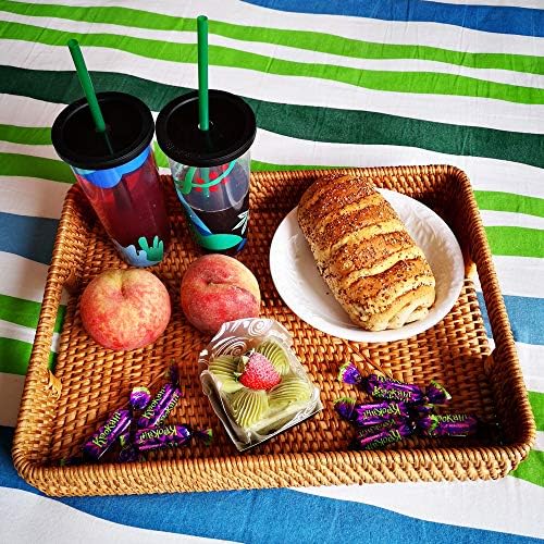 i-lan 15 Inch Large Size Handwoven Serving Tray, Decorative Rectangular Rattan Basket Bread Trays with Handles and 2.3”W