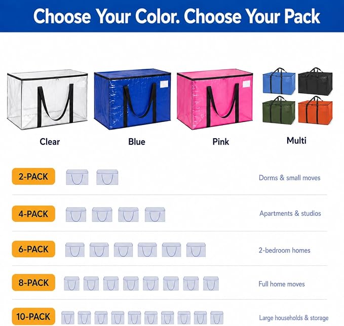 ClearSpace Heavy Duty Moving Bags or Storage Bag – Large Moving Boxes with Backpack Straps, Zippers & Handles – Perfect for Moving, College Dorm, Traveling, Camping, Christmas Decorations, 8 Pack