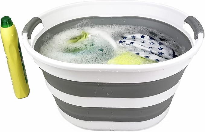 SAMMART Collapsible Plastic Oval Laundry Basket 23L (6 Gallons) -Foldable Storage Container/Organizer - Portable Washing Tub - Space Saving Hamper for Laundry, Camping & Home (White/Grey)