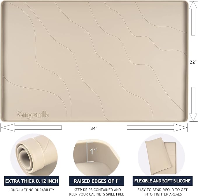 Heavy Duty Silicone Under Sink Mats for Kitchen Waterproof 34" x 19", Extra Thick Under Sink Rubber Mat Drip Tray, Raised Edge Under Sink Liner,Prevent Drips, Leaks, Spills,Taupe