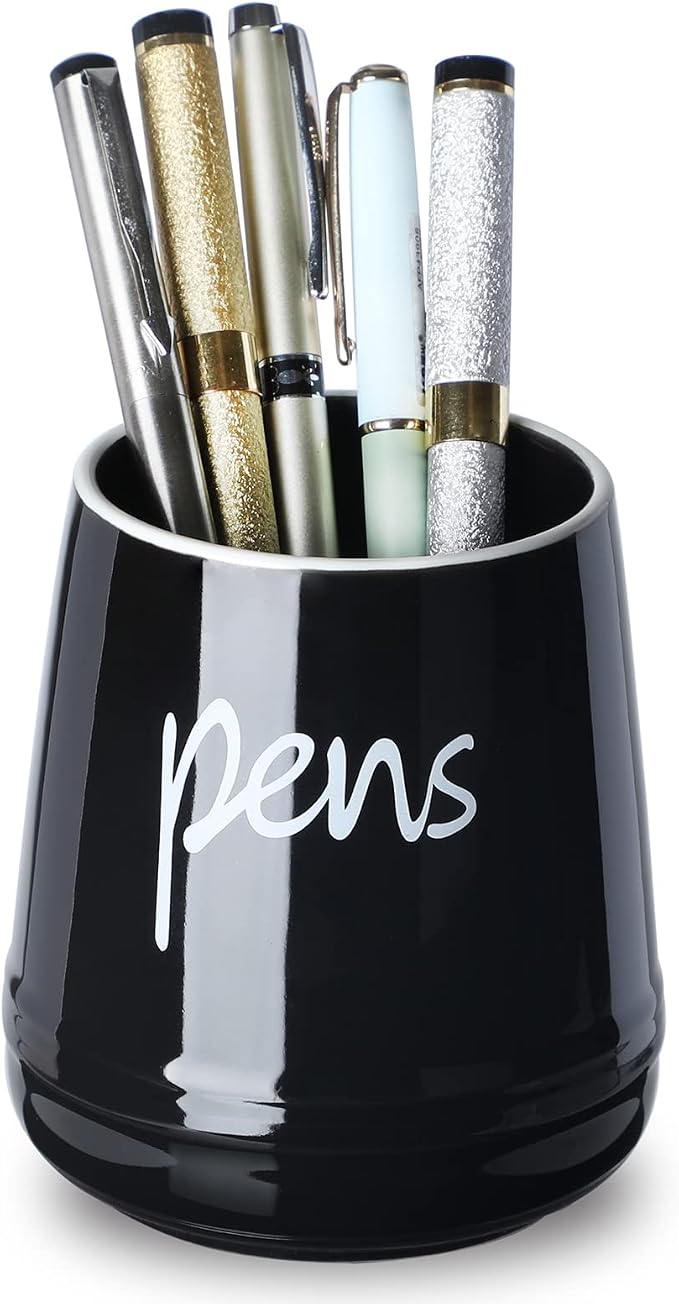 LEETOYI Ceramic Farmhouse Pen Holder for Desk, Pencil Organizer 16oz (Black)