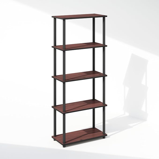 Furinno Turn-N-Tube Book Shelf, 5-Tier Bookshelf, Bookcase with Multipurpose Compact Display Rack, 11.6 x 23.6 x 57.4, for Living Room, Bedroom, Home Office, Dark Cherry/Black