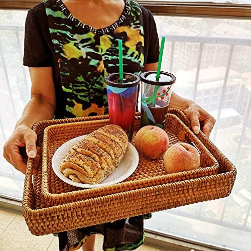 i-lan 15 Inch Large Size Handwoven Serving Tray, Decorative Rectangular Rattan Basket Bread Trays with Handles and 2.3”W