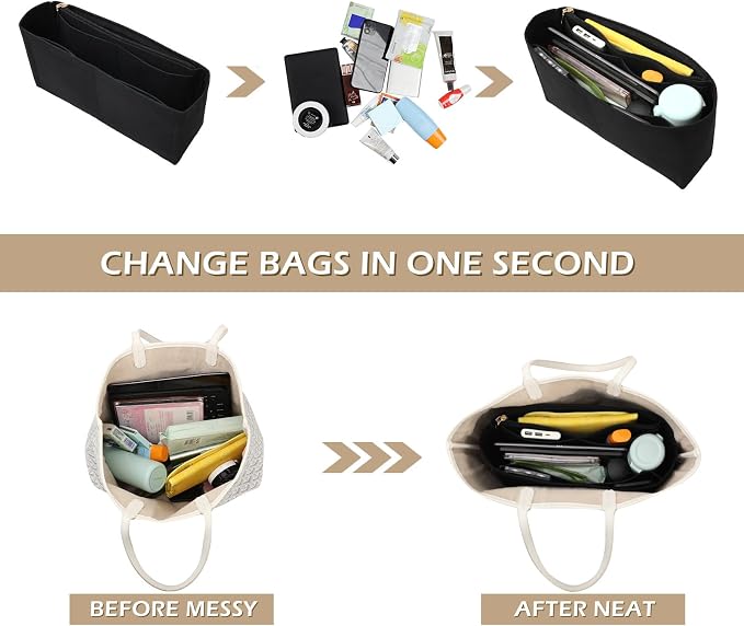 Surblue Purse Organizer Insert for Handbags, Felt Bag Organizer with Zippers Handbag Shaper Pouch for Classic 19 Flap Bag, Marmont, Onthego,（Black, Slender L）