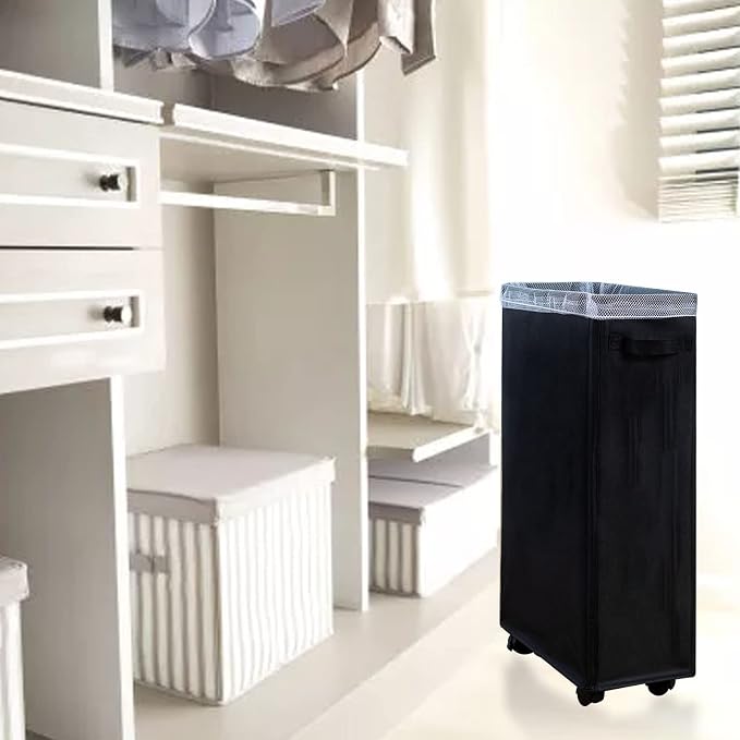 Slim Laundry Basket with Wheels Foldable Sorter and Organizer on Wheels Large Dirty and Thin Fabric Storage Basket for Household Items (Black)