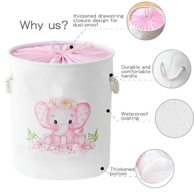 Laundry Baskets Kids Laundry Hamper, Pink Baby Hamper Elephant Basket Large Collapsible Kids Hamper with Handles Waterproof Round Linen Storage Basket for Toddler/Girls (Pink Elephant)