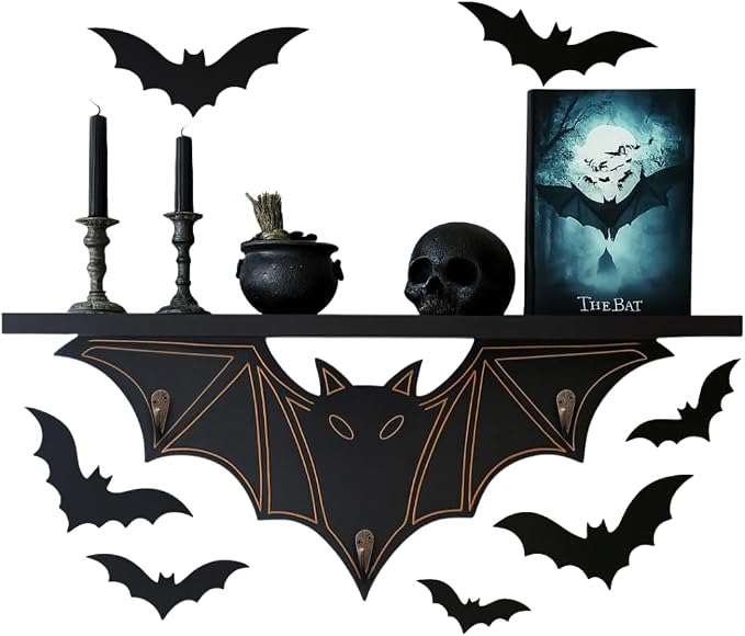 Gothic Bat Shelf Wall Decor with Hooks - Valentines Spooky Goth Themed Gifts for Adults Women with Bat Stickers - Black Floating Shelf for Bedroom Living Room - Unique Vampire Room Lovers Accessories
