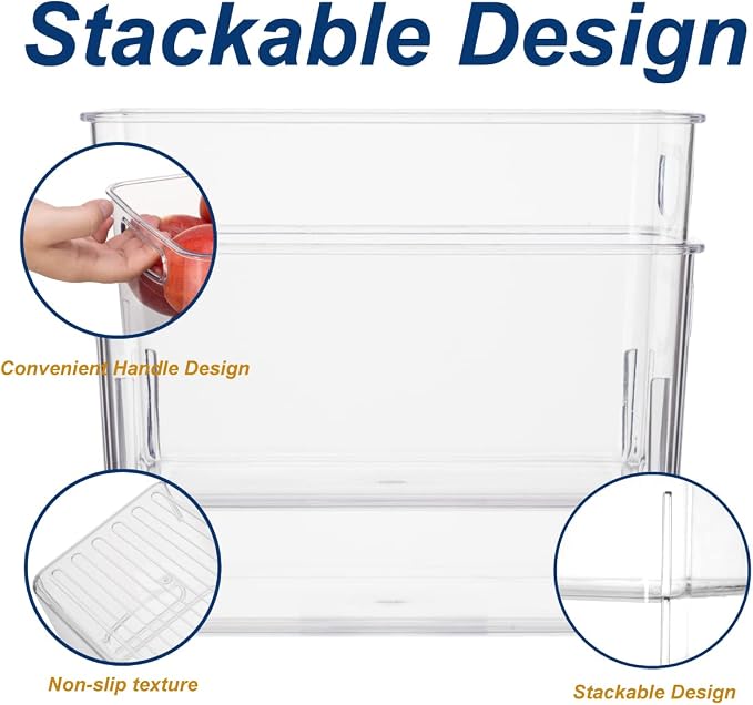 Set Of 8 Clear Pantry Organizer Bins - Plastic Stackable Fridge Organizer Bins For Kitchen, Cabinet And Countertops - BPA Free (4 Small & 4 Large)