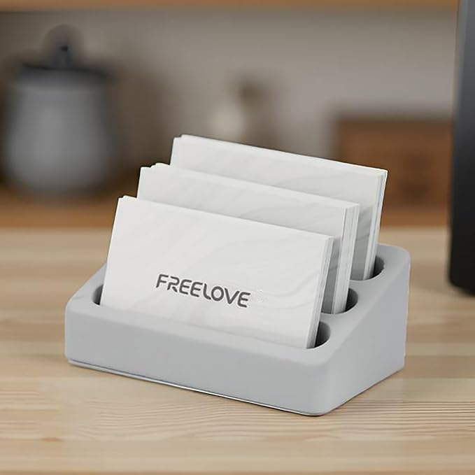 FREELOVE Desktop Card Holder, Concrete, Handmade, 3 Stair 3 Slots, Fits 30-50 Business Cards, Stone Weighted, Smooth Finish, Eva Base, Office Desk Organizer (Grey, Small)