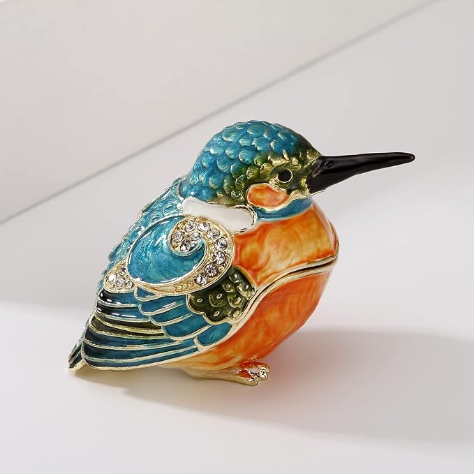 Hand Painted Enamel Kingfisher Trinket Box for Home Decor, Hinged Jewelry Organizer for Ring Earrings, Unique Figurine Keepsake Collectible Personalized Handmade Ornament Gifts (Blue Kingfisher)