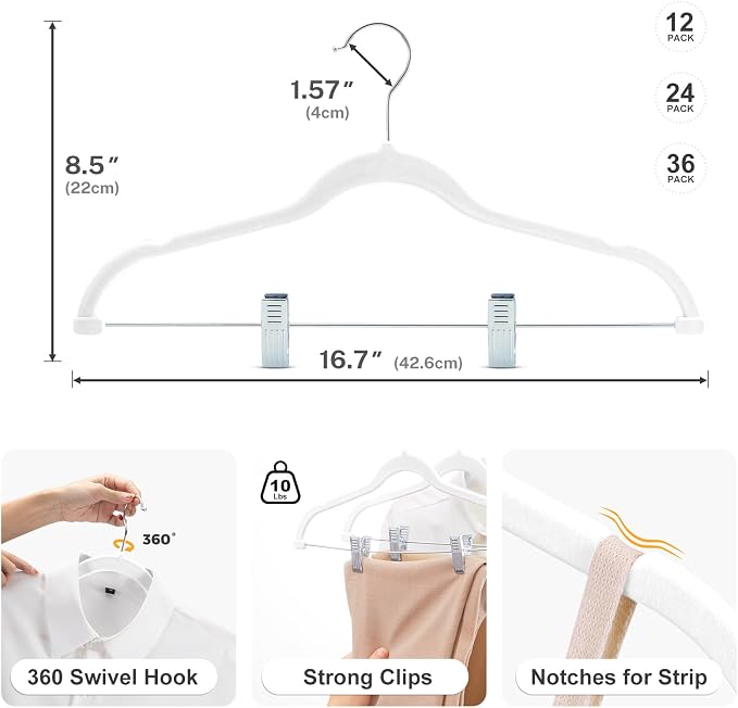 HOUSE DAY Velvet Skirt Hangers 24 Pack, White Velvet Hanger with Adjustable Clips, Space Saving Slim Pant Hangers, Heavy Duty Non Slip Clip Hanger for Pants, Skirts, Shorts | Velvet Hanger with Adjustable Clips, Space Saving Velvet Pant Hangers, Heavy ...