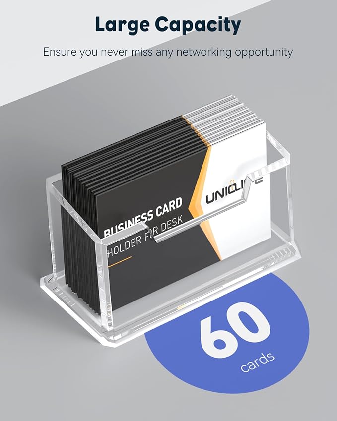 Uniclife 2 Pack Acrylic Business Card Holder for Desk 1 Slot Clear Business Card Display Stand for Men & Women Desktop Business Card Organizer Card Stand for Office Home Exhibition, 60 Card Capacity