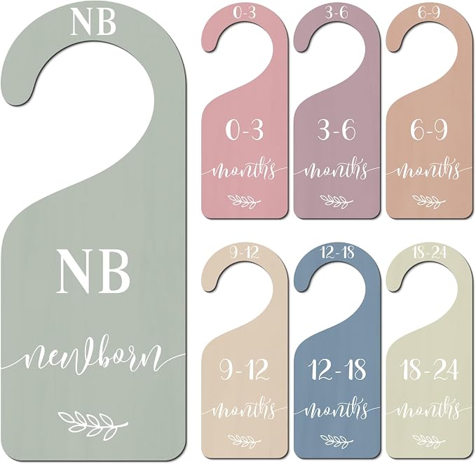 Whaline 7 Pcs Boho Wooden Baby Closet Size Dividers with Pink Velvet Bag Newborn to 24 Month Thicken Infant Wardrobe Hanger Organizers for Home Nursery Party Gift Supplies