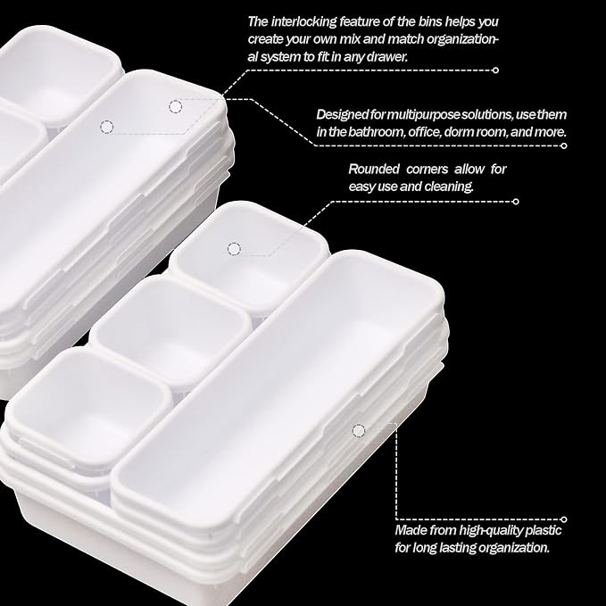 Set of 16 Interlocking Desk Drawer Organizer Tray Dividers Plastic Shallow Narrow Drawers Organizers Separators Storage Bins Container for Kitchen Bathroom Makeup Office Vanity Bedroom Dresser White