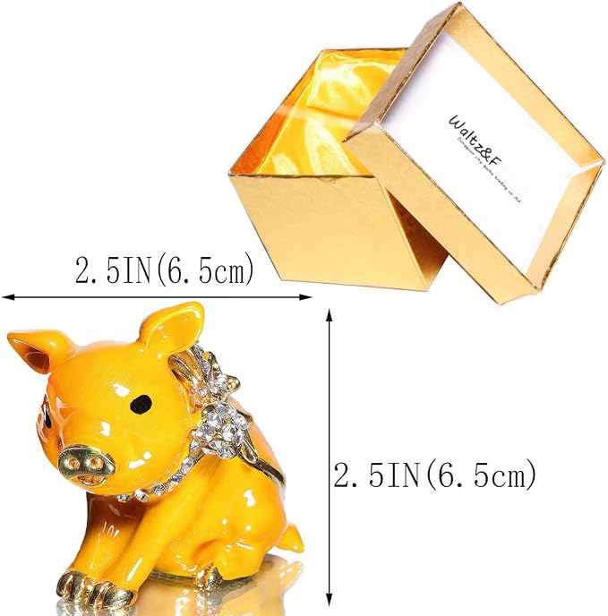 Waltz&F New Golden Pig with Bowknot Handcrafted Pewter Trinket Box Animal figurine Hinged Jewelry Box