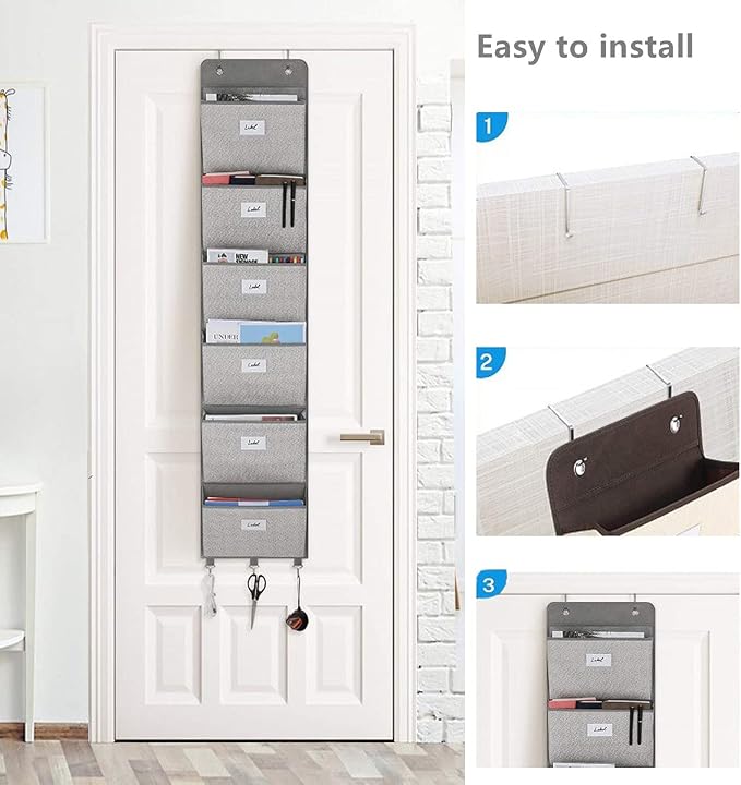 Over The Door File Organizer - 6 Extra Large Pockets Hanging Wall Mounted Storage Files Holder Pocket Chart for Magazine, Notebooks, Planners, Mails etc. Office Home Supplies