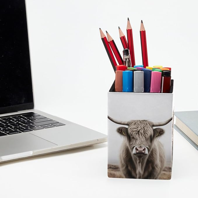 Pen Holder for Desk, Highland Cow Pencil Holder, Pen Cup Functional Desk Organizer for Office Supplies