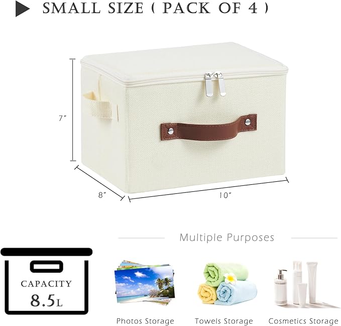 4 Pack Storage Bins with Zipper Lid Cotton Linen Fabric Lidded Storage Baskets Boxes Foldable Washable Closet Shelf Clothes Organizer Container with PU Leather Handles (Beige, Small)
