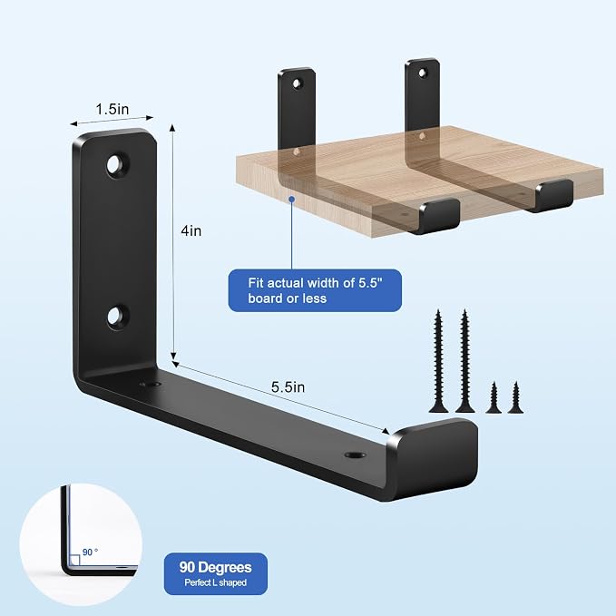 12 Pack - 5.5" L x 4" H x 1.5" W J Lip Shelf Brackets Rustic Farmhouse Iron Wall Floating Shelf Bracket Metal Shelf Bracket Industrial Shelf Supports with Screws Black