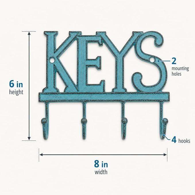 Comfify Rustic Blue Cast Iron Key Holder for Wall – Keys Sign with 4 Hooks | Rustic blue antique finish; mounting hardware included; entryway, hallway or door; 6"H x 8"L; holds 8 keychains