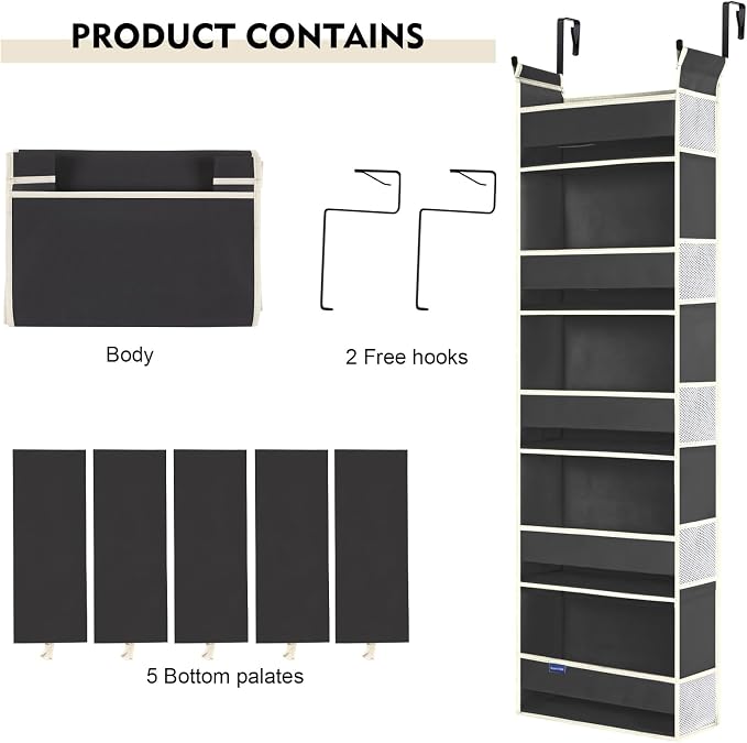Over The Door Hanging Organizer 5-Shelves and 10 Side Pockets, Over The Door Storage for Bathroom and Bedroom, Back of Door Organizers for Baby Accessories and Kid's Toys (13"x5"x44", Black)