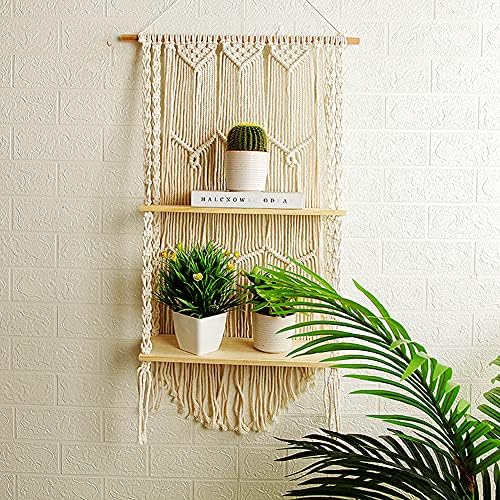Macrame Wall Hanging Shelf - Boho Indoor Hanging Shelves for Wall - Decorative Bohemian Floating Plants Room Storage She