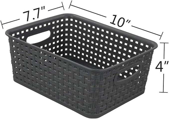 4-Pack Small Storage Baskets, Woven Plastic Basket, Gray | 10" x 7.7" x 4", Home Organization, Space - Saving Storage, Stylish Design, Organizer Baskets for Cabinet, Closet, Office