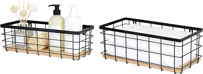 ShabbyDecor Metal Wire Basket for Kitchen Cabinets,Pantry,Bathroom,Set of 2 | Detachable Wood Base Metal Storage Organizer, Farmhouse Hanging Basket