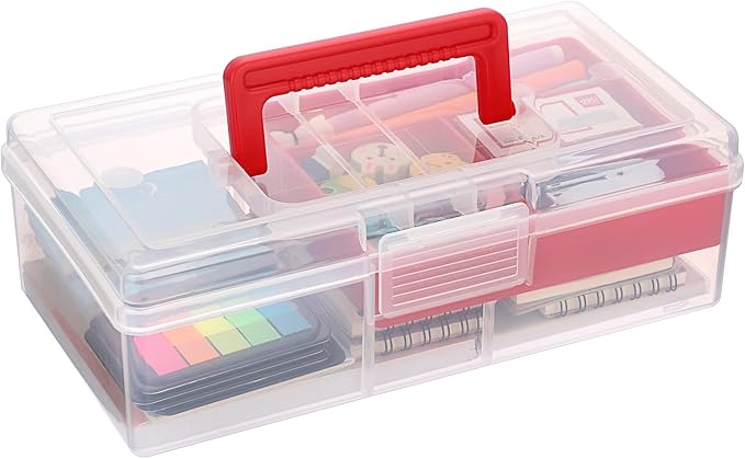 JUXYES Clear Art Craft Supply Storage Bin Sewing Box With Handle Lid | Plastic Carry Storage Box with Removable Tray, 2 Layers Portable Storage Case for Art Craft, Sewing, School Office Supplies