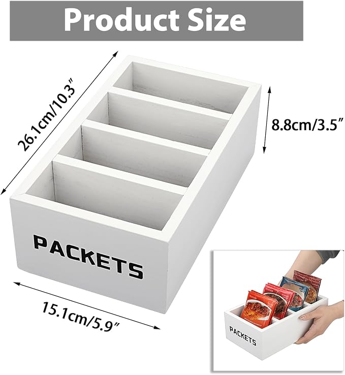 BSTKEY Seasoning Packet Organizer, Food Packet Storage Organizer with 4 Compartments, White Wooden Storage Caddy for Kitchen Pantry Cabinet, Farmhouse Kitchen Organization Bins for Snack Spice Packets