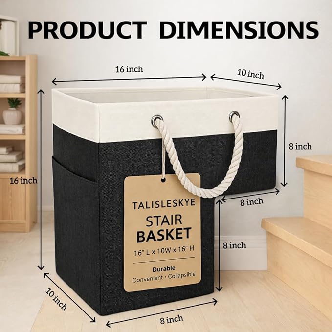Stair basket,Foldable staircase baskets,Step stairs storage baskets with handle,1pcs black