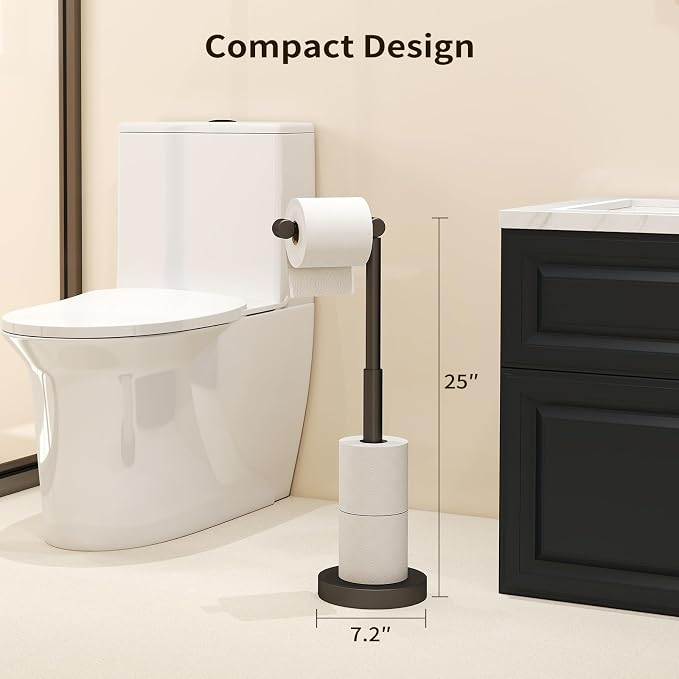 YUMORE Toilet Paper Holder Stand, 25" 4.5lbs Heavy Duty Freestanding Roll Dispenser with Storage, Open-Ring Stainless Steel Bathroom Tissue Organizer (Black)